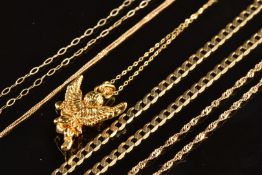 Four 9ct gold chains, a 9ct gold pendant set with a diamond (7g) and an 18k gold pendant in the form
