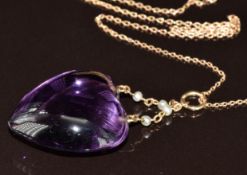 Edwardian 9ct gold pendant set with a heart cut amethyst and seed pearls (11.3g), on rose gold