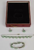 A suite of silver jewellery comprising earrings, bracelet and necklace set with aventurine quartz