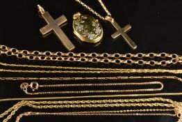 Five 9ct gold chains, two damaged 9ct gold chains, two 9ct gold cross pendants, a 9ct gold locket