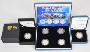 Six Royal Mint silver proof £1 coins comprising a cased set of four 'Pattern Collection' 2004-7