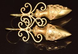 Etruscan Revival pair of yellow metal earrings (test as 14k gold) with modern hallmarked fish hooks,