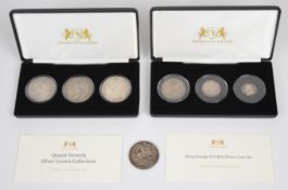 Two Harrington and Byrne cased coin sets comprising 1845, 1889 and 1893 Queen Victoria Silver