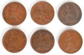 Six Queen Victoria pennies comprising 1841, 1844, 1857 and three 1858, some with original