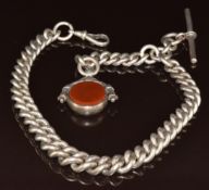 A silver Albert/ watch chain made up of curb links with swivel fob set with agate, Chester 1896,