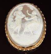 A 9ct gold brooch set with a cameo depicting two women, 19.4g, 4.6 x 5.8cm