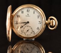 Roidor 9ct gold keyless winding half hunter pocket watch with subsidiary seconds dial, blued