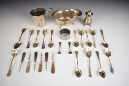 Hallmarked silver items comprising sauce boat, length 15cm, thirteen spoons including Art Nouveau