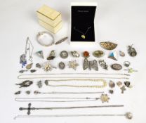 A collection of silver and other jewellery including bangle, five lockets, chains, filigree pendant,