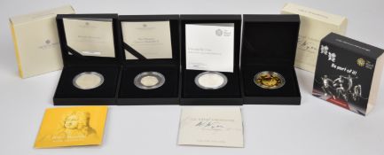 Four Royal Mint cased silver coins comprising 2012 London Olympics £5, 2019 'Una and the Lion' 2oz