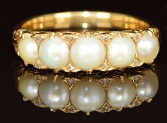 Victorian 18ct gold ring set with five split pearls and eight rose cut diamonds, 4.7g, size P