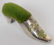 Hallmarked silver novelty shoe pin cushion with inlaid shamrock decoration, marks rubbed, height 3.4