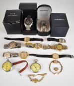 Fifteen various wrist and pocket watches including two 9ct gold ladies examples, Emporio Armani,