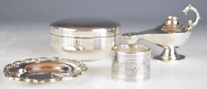 Egyptian silver items comprising novelty oil lamp, napkin ring, pin tray and dressing table box,