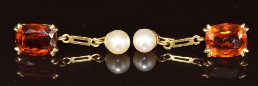 A pair of 18k gold earrings each set with a cushion cut citrine and pearl, 6.8g
