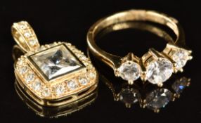 A 14k gold ring and pendant set with cubic zirconia, 7g, size P