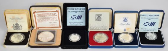 Six silver proof coins comprising Royal Mint 1986 £2 x2, 1977 crown, 1981 crown and 1980 Queen