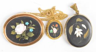 Victorian yellow metal pendant set with a pietra dura plaque, on 9ct gold chain, Victorian yellow
