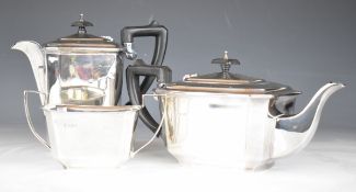 Art Deco hallmarked silver three piece tea set, Sheffield 1935, maker Francis Howard, length 30.5cm,
