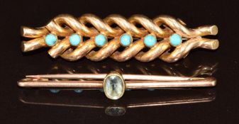 Edwardian 9ct gold wheatsheaf brooch set with turquoise and a 9ct rose gold bar brooch, 8.2g