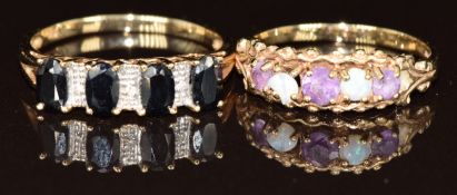 Two 9ct gold rings, one set with sapphires and diamonds and the other opals and amethyst (one opal