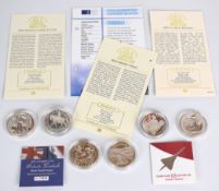 Six silver crown sized coins comprising 1998, 2001 and 2009 Britannias, 2004 Entente Cordiale £5,