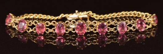Victorian 9ct gold bracelet set with graduated oval cut pink tourmalines, 9.2g, 16cm