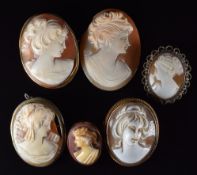 Two 9ct gold and one yellow metal brooch set with cameos, together with three other cameos