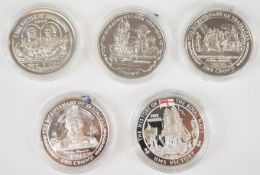Five silver one crown coins to commemorate The Battle of Trafalgar and HMS Victory, all in capsules