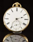 Unnamed 18ct gold open faced pocket watch with blued hands, black Roman numerals, white enamel