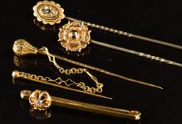 Victorian yellow metal cloak stick pin (1.5g), 18ct gold brooch set with a diamond (2.8g) a
