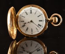 Unnamed 18ct gold keyless winding half hunter pocket watch with blued hands, black Roman numerals,