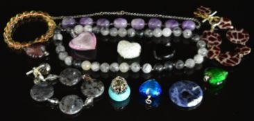 A silver and amethyst necklace, five hardstone / shell bracelets and necklaces, six glass pendants a