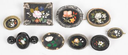 Nine pietra dura brooches including Arts & Crafts silver, jet, etc