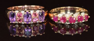 Two 9ct gold rings, one set with rubies and diamonds and the other amethyst, garnet and diamonds,