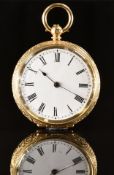 Unnamed 18ct gold open faced pocket watch with blued hands, black Roman numerals, white enamel dial,
