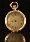 Unnamed 18ct gold keyless winding open faced pocket watch with blued hands, black Roman numerals,