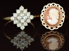 Two 9ct gold rings, one set with a cameo and the other quartz, sizes O & S