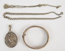 Victorian hallmarked silver locket, silver bangle, silver case and two silver fob chains, 78g