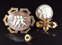 A c1900 9ct gold brooch set with topaz (3.4 x 2cm), a c1900 9ct gold brooch set with a cameo