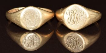 Two 9ct gold signet rings, 6.1g, sizes P & N