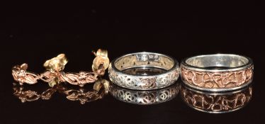 A pair of 9ct rose gold Clogau earrings (1.9g) and two silver Clogau rings with applied gold
