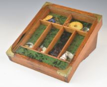 Fitted oak sloping collector's / bijouterie cabinet containing various collectibles including gaming