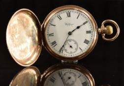 Waltham 9ct gold keyless winding full hunter pocket watch with subsidiary seconds dial, blued hands,