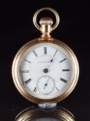 Hampden Watch Co gold plated keyless winding open faced pocket watch with subsidiary seconds dial,