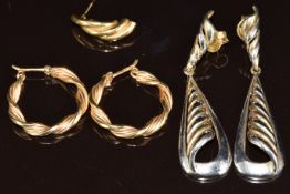 Two pairs of 9ct gold earrings and a single 9ct gold earring, 9.7g