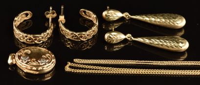 Two pairs of 9ct gold earrings, two 9ct gold chains and a 9ct gold locket