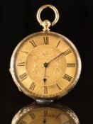 Unnamed 18ct gold open faced pocket watch with blued hands, black Roman numerals, engraved gold dial