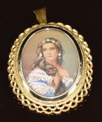 An 18ct gold pendant / brooch set with a portrait miniature, 9.2g, 3.8 x 3.2cm