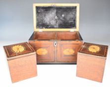 Georgian shell inlaid mahogany two division tea caddy with crossbanded decoration, the two